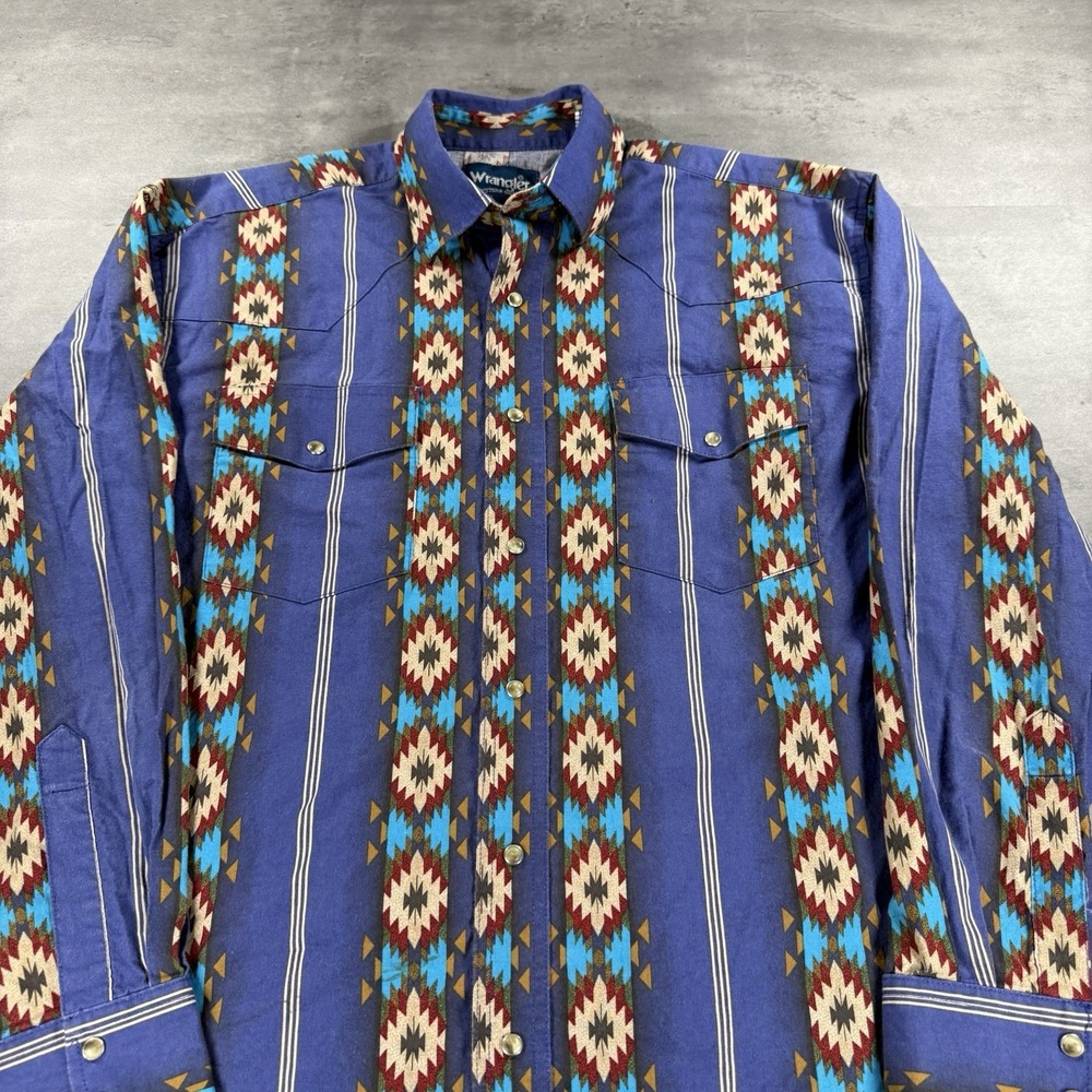 Vintage Wrangler Brushpopper Shirt Men M Purple Aztec Cowboy Western Pearl Snap